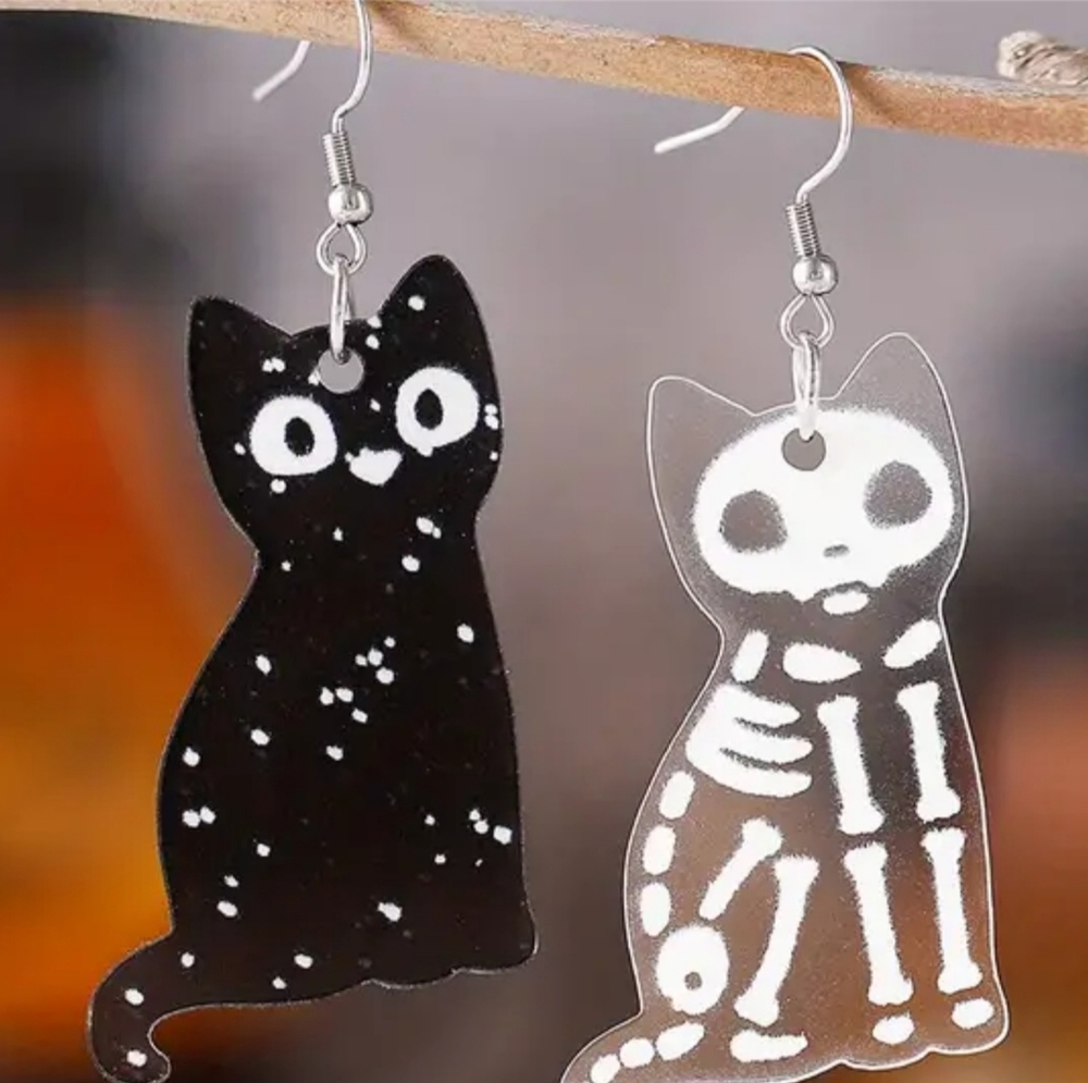 New Fun Dangle Cat Kitten Halloween Earrings Black Cat & Skeleton Cat